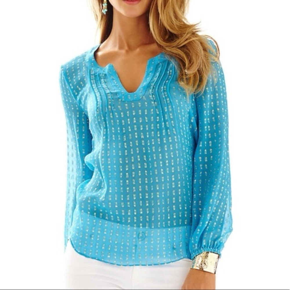 Lilly Pulitzer Colby Silk Clip Blouse Turquoise and Gold S